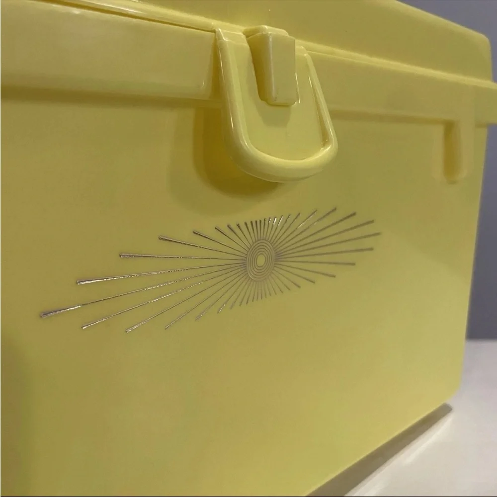 Vintage 1960s Atomic Starburst Yellow Sewing Box MCM Craft Storage Retro Decor